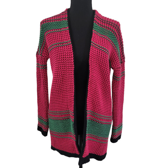 Maje Knit Open Front Cardigan Pink Green Striped Long Sweater Cozy Cottage Layer - Picture 1 of 10